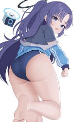 Rule 34 | 1girl, ass, barefoot, black shirt, blue archive, blue buruma, blue eyes, blue hair, blue jacket, blush, buruma, feet, from behind, gym uniform, halo, highres, jacket, leg up, legs, long hair, looking at viewer, looking back, off shoulder, on ura358, open mouth, ponytail, shirt, short sleeves, soles, solo, standing, standing on one leg, thighs, toes, track jacket, yuuka (blue archive), yuuka (track) (blue archive)