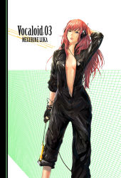 Rule 34 | 1girl, arm behind head, bad id, bad pixiv id, black jumpsuit, blue eyes, breasts, cable, center opening, cleavage, english text, gloves, headphones, highres, jumpsuit, long hair, megurine luka, microphone, navel, open clothes, open shirt, pink hair, popped collar, shirt, sleeves rolled up, solo, sweat, vocaloid, yuurin (yuurinfantast)