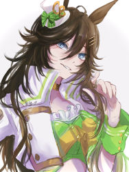 Rule 34 | 1girl, animal ears, bad id, bad pixiv id, black hair, blue eyes, bow, choker, commentary request, green bow, green shirt, hair between eyes, hair ornament, hairclip, hat, hat bow, head tilt, highres, horse ears, izuky (izz qt), jacket, long hair, looking at viewer, mini hat, mini top hat, mr. c.b. (umamusume), open clothes, open jacket, parted lips, shirt, simple background, solo, strapless, strapless shirt, top hat, umamusume, upper body, white background, white hat, white jacket, wrist cuffs, yellow choker