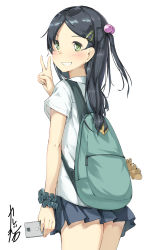 Rule 34 | 1girl, artist name, backpack, bag, black hair, blush, cellphone, clenched teeth, commentary request, cowboy shot, from behind, green eyes, grin, hair bobbles, hair ornament, hairclip, highres, holding, holding phone, kanzen bouon, long hair, looking at viewer, looking back, original, phone, pleated skirt, school uniform, scrunchie, shirt, short sleeves, side ponytail, skirt, smartphone, smile, smiley face, solo, stuffed animal, stuffed toy, teddy bear, teeth, v, white shirt, wrist scrunchie