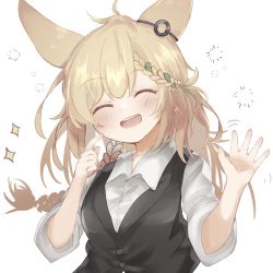 Rule 34 | 1girl, :d, ^ ^, animal ears, arknights, black skirt, black vest, blonde hair, braid, closed eyes, collared shirt, commentary request, facing viewer, green hair, highres, index finger raised, kroos (arknights), kroos the keen glint (arknights), long hair, multicolored hair, official alternate costume, open mouth, partial commentary, rabbit ears, shirt, short sleeves, single braid, skirt, smile, solo, sparkle, tsuna (seachicken 0141), two-tone hair, upper body, very long hair, vest, waving, white background, white shirt