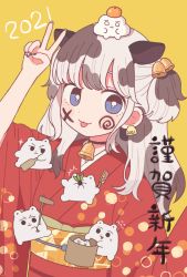 Rule 34 | 1girl, 2021, animal ears, animal print, bell, blue eyes, bright pupils, chinese zodiac, cow ears, cow print, earrings, emma (kumaema), grey hair, hair bell, hair ornament, highres, japanese clothes, jewelry, kimono, looking at viewer, nail polish, neck bell, nengajou, new year, obi, original, patterned hair, print kimono, red kimono, sash, simple background, solo, tongue, tongue out, v, white hair, white pupils, year of the ox, yellow background