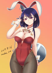 Rule 34 | 1girl, animal ears, artist name, black hair, black pantyhose, bow, bowtie, breasts, cleavage, commentary request, cowboy shot, dated, detached collar, fake animal ears, gradient background, hair ornament, kantai collection, leotard, looking at viewer, medium breasts, moke ro, orange background, pantyhose, playboy bunny, rabbit ears, rabbit girl, red eyes, red leotard, short hair, solo, strapless, strapless leotard, tray, wrist cuffs, yamashiro (kancolle)