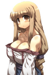 Rule 34 | 1girl, arc the lad, bare shoulders, blonde hair, breasts, brown eyes, cleavage, highres, large breasts, lieza (arc the lad), long hair, simple background, solo, tokyo (great akuta)
