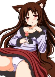 Rule 34 | 1girl, :o, animal ears, blush, breasts, brown hair, cleavage, collarbone, commentary request, cowboy shot, fang, groin, hand on own chest, hand on own stomach, imaizumi kagerou, large breasts, long hair, long sleeves, looking at viewer, nagana sayui, panties, parted bangs, red eyes, red skirt, shirt, simple background, skirt, sleeve cuffs, solo, spread legs, tareme, touhou, underwear, upskirt, white background, white panties, white shirt, wolf ears