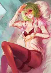 Rule 34 | 1girl, bed, blouse, bra, breasts, cleavage, female focus, from above, green hair, indoors, kazami yuuka, lingerie, lying, navel, nokishita, on back, open clothes, open shirt, panties, panties under pantyhose, pantyhose, red eyes, red pantyhose, shirt, short hair, solo, thighband pantyhose, touhou, underwear, white shirt