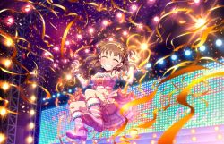 Rule 34 | 10s, 1girl, ^ ^, alternate costume, artist request, blush, brown hair, claw pose, confetti, detached sleeves, double bun, closed eyes, grin, hairband, headset, idol, idolmaster, idolmaster cinderella girls, idolmaster cinderella girls starlight stage, long hair, midriff, munakata atsumi, official art, smile, solo, strapless