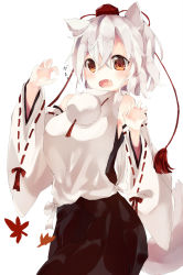 Rule 34 | 1girl, animal ears, autumn leaves, bare shoulders, breasts, detached sleeves, fangs, gijxgij, hat, highres, inubashiri momiji, large breasts, leaf, open mouth, pom pom (clothes), red eyes, ribbon-trimmed sleeves, ribbon trim, short hair, silver hair, simple background, solo, tail, tokin hat, touhou, translation request, white background, wide sleeves, wolf ears, wolf tail