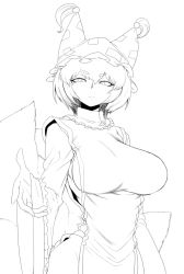 Rule 34 | 1girl, animal ears, breasts, dress, female focus, fox ears, fox tail, greyscale, hat, huge breasts, large breasts, monochrome, outstretched hand, short hair, solo, spacezin, tail, touhou, wide sleeves, yakumo ran