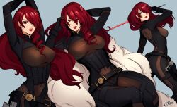 Rule 34 | 1girl, arms up, belt, belt buckle, black belt, black bodysuit, black gloves, bodysuit, breasts, buckle, commentary, covered navel, eightyfourart, english commentary, gloves, grin, hair over one eye, highres, holding, holding sword, holding weapon, kirijou mitsuru, large breasts, lips, lipstick, long hair, looking at viewer, makeup, official alternate costume, one eye covered, persona, persona 3, persona 4, persona 4: the ultimate in mayonaka arena, red eyes, red hair, red lips, signature, simple background, smile, sword, weapon