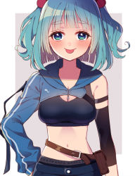 Rule 34 | 1girl, asymmetrical sleeves, blue eyes, blue hair, blush, breasts, cleavage, commentary request, hand on own hip, hood, hoodie, kawashiro nitori, medium breasts, navel, solo, sports bra, stomach, tongue, tongue out, touhou, touya (konpekitou), two side up