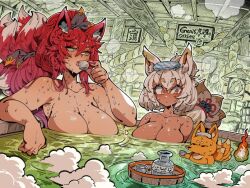 Rule 34 | 2girls, animal ears, blonde hair, blush, breasts, chibi, chibi inset, cleavage, cloud, commission, cup, dark skin, drinking, drinking glass, fingernails, fox, fox ears, fox tail, hitodama, kafun, large breasts, multiple girls, multiple tails, nude, onsen, orange eyes, original, partially submerged, pink nails, red hair, sharp fingernails, short hair, shot glass, skeb commission, steam, sweat, sweatdrop, tail, towel, towel on head