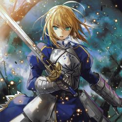 Rule 34 | 1girl, ahoge, armor, armored dress, artoria pendragon (all), artoria pendragon (fate), blonde hair, blouse, dress, fate/stay night, fate (series), green eyes, saber (fate), shirt, solo, sword, weapon