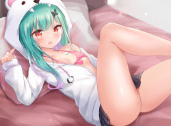 Rule 34 | 1girl, :d, animal ears, animal hood, bed, bikini, black skirt, blush, breasts, butterfly hair ornament, commentary request, fake animal ears, feet out of frame, gradient hair, green hair, hair ornament, hand up, hololive, hood, hood up, hooded jacket, jacket, long sleeves, looking at viewer, lying, multicolored hair, nikoo, on back, open mouth, pillow, pink bikini, pink hair, pleated skirt, puffy long sleeves, puffy sleeves, red eyes, skirt, sleeves past wrists, small breasts, smile, solo, swimsuit, uruha rushia, uruha rushia (school uniform), virtual youtuber, white jacket