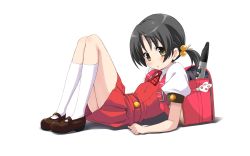 Rule 34 | 1girl, ascot, backpack, bag, black hair, blush, brown eyes, child, clenched hand, collar, collared shirt, dress, flute, full body, hair bobbles, hair ornament, highres, instrument, kaai yuki, leaning back, leaning on object, legs together, looking at viewer, low twintails, mary janes, official art, pinafore dress, promotional art, puffy short sleeves, puffy sleeves, randoseru, recorder, shadow, shirt, shoes, short hair, short sleeves, simple background, sleeveless, sleeveless dress, socks, solo, tareme, thighs, triangle mouth, twintails, umetani tarou, vocaloid, white background