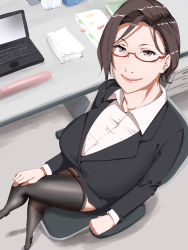 Rule 34 | 1girl, black hair, black thighhighs, breasts, brown eyes, business suit, chair, closed mouth, computer, crossed legs, female focus, formal, from above, glasses, highres, huge breasts, indoors, laptop, legs, looking at viewer, nostrils, nypaon, office, office chair, original, red-framed eyewear, semi-rimless eyewear, short hair, sitting, skirt, smile, solo, suit, swivel chair, table, thighhighs, thighs, zettai ryouiki