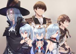 Rule 34 | 3boys, 3girls, absurdres, adam (granblue fantasy), ahoge, artist name, black gloves, black headwear, blue eyes, blue hair, braid, breasts, brown hair, choker, closed eyes, closed mouth, collarbone, commentary, earrings, elbow gloves, english commentary, epaulettes, gloves, gradient background, granblue fantasy, hair between eyes, hair over one eye, hair over shoulder, hat, head tilt, highres, jewelry, lloyd (granblue fantasy), loki (granblue fantasy), long hair, looking at viewer, low ponytail, mask, medium breasts, mengo, mini hat, multiple boys, multiple girls, necklace, orchis, own hands clasped, own hands together, parted lips, profile, queen orchis, red eyes, short hair, sideboob, signature, tiara, top hat, twintails, v-shaped eyebrows, zwei (granblue fantasy)