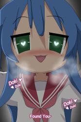 1girl :3 blue_hair blush breath empty_eyes english_text from_below glowing glowing_eyes green_eyes hair_between_eyes heart heart-shaped_pupils heavy_breathing highres izumi_konata long_hair looking_at_viewer lucky_star mochi_(leepicmochi) mole mole_under_eye nose_blush official_style open_mouth pink_serafuku ryouou_school_uniform school_uniform serafuku shirt sidelocks simple_background smile solo symbol-shaped_pupils white_shirt yandere