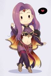 Rule 34 | 1girl, absurdres, armpit crease, bare shoulders, black thighhighs, blush, breasts, bridal gauntlets, capelet, chibi, circlet, cleavage, commentary, crossed legs, english commentary, evomanaphy, fire emblem, fire emblem echoes: shadows of valentia, fire emblem heroes, flame print, full body, fur-trimmed capelet, fur trim, gold footwear, heart, highres, long hair, medium breasts, midriff, navel, nintendo, orange capelet, pelvic curtain, purple hair, red capelet, simple background, smile, solid oval eyes, solo, sonya (fire emblem gaiden), sonya (resplendent) (fire emblem), standing, thighhighs, thought bubble, two-tone capelet, white background