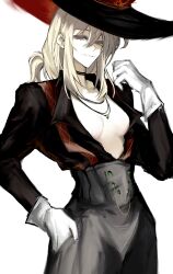 Rule 34 | 1girl, absurdres, black hat, black shirt, blonde hair, breasts, choker, closed mouth, commentary, cowboy shot, feitian xiyi ye, formal, gloves, grey pants, hair between eyes, half-closed eyes, hand in pocket, hand up, hat, high-waist pants, highres, jewelry, long hair, long sleeves, looking at viewer, low-tied long hair, medium breasts, mole beside mouth, necklace, necktie, open clothes, pants, red eyes, red necktie, reverse:1999, shirt, sidelocks, simple background, smile, solo, symbol-only commentary, tennant (reverse:1999), unbuttoned, unbuttoned shirt, undone necktie, white background, white gloves, wide brim