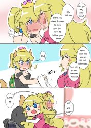 Rule 34 | 2girls, bare shoulders, black dress, blonde hair, blue eyes, blush, blush stickers, bowsette, carrying, comic, dress, earrings, english text, engrish text, holding hands, horns, jewelry, long hair, mario (series), multiple girls, new super mario bros. u deluxe, nintendo, nose blush, own hands together, pink dress, ponytail, princess peach, ranguage, role reversal, sesield, short hair, strapless, strapless dress, super crown