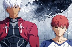 Rule 34 | 2boys, akujiki59, alternate hairstyle, archer (fate), covered abs, dark-skinned male, dark skin, emiya shirou, fate/stay night, fate (series), glaring, height difference, looking at another, male focus, multiple boys, muscular, muscular male, official style, one eye closed, orange hair, pectorals, short hair, shrug (clothing), spiked hair, upper body, white hair