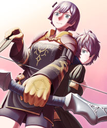 Rule 34 | 1girl, age comparison, aged up, arrow (projectile), back-to-back, bad id, bad pixiv id, bernadetta von varley, bike shorts, bow (weapon), closed mouth, dress, dual persona, fire emblem, fire emblem: three houses, garreg mach monastery uniform, gloves, gradient background, grey eyes, hair ornament, highres, holding, holding arrow, holding bow (weapon), holding weapon, long sleeves, looking back, nintendo, nutkingcall, purple hair, short dress, short hair, simple background, uniform, weapon, yellow gloves