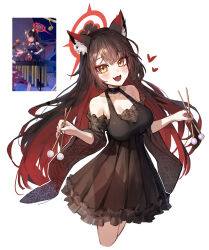 Rule 34 | 1girl, absurdres, animal ears, black dress, black hair, blue archive, blush, breasts, brown hair, cleavage, collarbone, colored inner hair, cropped legs, dress, fang, fox ears, halo, highres, kokukyukeo, large breasts, long hair, looking at viewer, multicolored hair, multiple views, official alternate costume, open mouth, red hair, red halo, smile, wakamo (blue archive), wide sleeves, yellow eyes