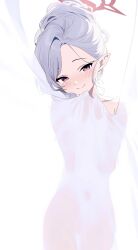 Rule 34 | 1girl, absurdres, blue archive, blush, breasts, closed mouth, covered navel, cowboy shot, curtains, grey hair, halo, highres, hiroikara (smhong04), implied nudity, long hair, looking at viewer, mutsuki (blue archive), pointy ears, purple eyes, red halo, simple background, small breasts, smile, solo, white background