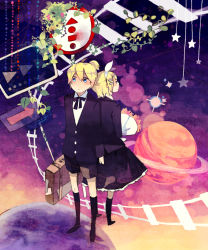 Rule 34 | 1boy, 1girl, aqua eyes, back-to-back, bad id, bad pixiv id, blonde hair, bouquet, brother and sister, flower, formal, hair ornament, hair ribbon, hairclip, kagamine len, kagamine rin, mig (36th underground), planet, railroad tracks, ribbon, short hair, shorts, siblings, sign, skirt, socks, suit, suitcase, twins, vocaloid
