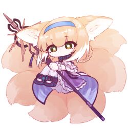 Rule 34 | 1girl, animal ears, arknights, black collar, black gloves, blonde hair, blue hairband, braid, braided hair rings, chibi, closed mouth, collar, colored tips, commentary, dot mouth, dress, fox ears, fox girl, fox tail, gloves, green eyes, hair rings, hairband, holding, holding staff, infection monitor (arknights), kitsune, kyuubi, multicolored hair, multiple tails, nazo no hana, pantyhose, purple dress, simple background, single glove, solo, staff, suzuran (arknights), tail, twin braids, white background, white hair, white pantyhose
