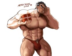 Rule 34 | 1boy, 2023, abs, bara, black hair, box, bulge, closed mouth, gift, gift box, holding, holding gift, large pectorals, male focus, male underwear, merry christmas, muscular, muscular male, navel, nipples, original, pectorals, red male underwear, rybiok, short hair, simple background, solo, underwear, white background