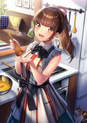 Rule 34 | 1girl, :d, animal, apron, bare arms, bare shoulders, black bow, black bowtie, bow, bowtie, brown eyes, brown hair, cat, commentary request, cooking, couch, drawing (object), frying pan, hair bow, holding, indoors, kitchen, long hair, looking at viewer, mole, mole under mouth, open mouth, original, pillow, plant, ponytail, potted plant, refrigerator, sleeveless, smile, solo, striped apron, striped clothes, tareme, unowen, white bow, yellow eyes
