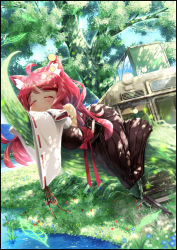 Rule 34 | 1girl, :3, absurdres, ahoge, animal ears, bare shoulders, black border, black kimono, blue flower, blue sky, blush, border, bow, breasts, cat ears, closed eyes, closed mouth, cluseller, crossed arms, dappled sunlight, day, detached sleeves, female focus, flower, full body, grass, happy, highres, hip vent, hiroshima electric railway type 1900, japanese clothes, kemurikusa, kimono, large breasts, leaf, long hair, lying, midori (kemurikusa), obi, on stomach, outdoors, red bow, red flower, red hair, ribbon-trimmed sleeves, ribbon trim, ritsu (kemurikusa), sash, sky, sleeping, sleeves past fingers, sleeves past wrists, smile, solo, streetcar, sunlight, tree, water, white flower, yellow flower