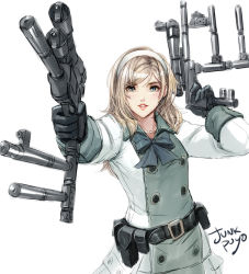 Rule 34 | 1girl, banned artist, belt, belt pouch, black gloves, blonde hair, blue bow, blush, bow, dual wielding, end of eternity, gloves, green eyes, grey background, gun, hairband, highres, holding, holding gun, holding weapon, jewelry, junkpuyo, long hair, necklace, parted lips, pink lips, pointing weapon, pouch, reanbell, signature, simple background, solo, teeth, weapon, white hairband