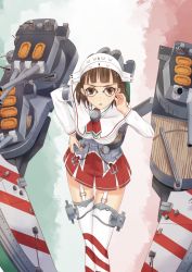 Rule 34 | 10s, 1girl, adjusting eyewear, blunt bangs, brown eyes, brown hair, cannon, capelet, eyewear strap, garter straps, glasses, gradient background, hand on own hip, headdress, ichiman nisen yen, inflatable raft, kantai collection, looking at viewer, looking up, machinery, pince-nez, roma (kancolle), short hair, skirt, solo, striped clothes, striped thighhighs, thighhighs, turret