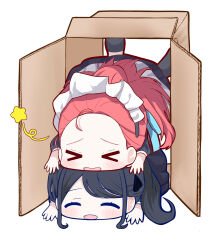 Rule 34 | &gt; &lt;, 2girls, :d, ^ ^, aoraine, apron, aris (blue archive), aris (maid) (blue archive), black footwear, black hair, blue archive, blue ribbon, blush, box, cardboard box, chibi, closed eyes, commentary request, fallen down, forehead, hair ribbon, highres, long hair, lying, lying on person, maid, maid apron, maid headdress, multiple girls, no halo, on stomach, open mouth, parted bangs, ponytail, red hair, ribbon, simple background, smile, star (symbol), swept bangs, very long hair, wavy mouth, white background, yuzu (blue archive), yuzu (maid) (blue archive)