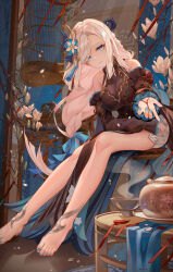 Rule 34 | 1girl, absurdres, ai dongdong, bare shoulders, barefoot, birdcage, black dress, black sleeves, blue eyes, blue nails, cage, closed mouth, commentary request, cup, detached sleeves, dress, flower, full body, genshin impact, hair flower, hair ornament, highres, long hair, looking at viewer, low-tied long hair, multicolored eyes, nail polish, official alternate costume, purple eyes, shenhe (frostflower dew) (genshin impact), shenhe (genshin impact), sitting, solo, steam, table, tassel, teapot, toenail polish, toenails, very long hair, white flower, white hair, yellow eyes