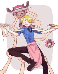 Rule 34 | 1girl, 2boys, antlers, apron, arms up, balancing, beard stubble, black hair, black necktie, blonde hair, blue eyes, blue shirt, blunt bangs, blush, carrying, cigarette, clenched teeth, collared shirt, commentary, cropped legs, curly eyebrows, disembodied hand, facial hair, food, full body, hair over one eye, hana hana no mi, hand on own face, highres, holding, holding plate, horns, long bangs, male focus, meat, mitsubachi koucha, multiple boys, necktie, nico robin, one piece, pants, piggyback, pink apron, plate, reindeer, reindeer antlers, sanji (one piece), shirt, short hair, short sleeves, simple background, smile, striped clothes, stubble, sweat, sweatdrop, teeth, tony tony chopper, waist apron