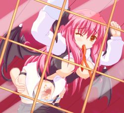 Rule 34 | 1girl, against glass, bat wings, blush, breasts, clothed sex, clothes lift, cum, demon tail, demon wings, disembodied hand, disembodied penis, embodiment of scarlet devil, garter belt, grinding, hanging breasts, head wings, koakuma, large breasts, long hair, marimo (artist), mouth hold, nipples, oekaki, one eye closed, open clothes, open shirt, panties, panty pull, penis, pink hair, red eyes, red hair, sex, shirt, shirt lift, solo, solo focus, striped clothes, striped panties, sweat, tail, tears, thigh sex, thighs, touhou, uncensored, underwear, wince, window, wings, wink