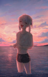 Rule 34 | 1boy, ^ ^, absurdres, alternate hairstyle, androgynous, black shorts, closed eyes, cloud, cowboy shot, day, dolphin shorts, earrings, facing viewer, gradient sky, grey hair, hair up, highres, jewelry, laughing, lio fotia, male focus, midriff, mountainous horizon, nature, navel, necklace, ocean, outdoors, pendant, ponytail, promare, shirt, shorts, sidelocks, skirt, sky, solo, standing, t-shirt, tamaki (tamaki599), twilight, wading, water, wet, wet clothes, wet hair, wet shirt, wringing clothes, wringing skirt