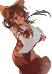 Rule 34 | 1girl, ^^^, bow, brown eyes, brown hair, covering own mouth, detached sleeves, hair bow, hair tubes, hakurei reimu, japanese clothes, long hair, miko, pisoshi, solo, touhou, wide sleeves