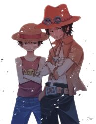 2boys aco_peda belt black_hair black_shorts blue_shorts brothers closed_mouth commentary_request crossed_arms dust freckles hat highres looking_at_viewer male_focus monkey_d._luffy multiple_boys one_piece orange_belt orange_hat orange_shirt portgas_d._ace red_tank_top scar scar_on_face shirt short_hair shorts siblings signature simple_background smile straw_hat tank_top white_background