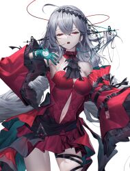 Rule 34 | 1girl, aqua gloves, arknights, ascot, belt, black ascot, breasts, clothing cutout, dress, gloves, grey hair, infection monitor (arknights), leg ribbon, long hair, looking at viewer, medium breasts, navel cutout, official alternate costume, red dress, red eyes, red sleeves, ribbon, simple background, skadi (arknights), skadi the corrupting heart (arknights), soho (user dphk5745), solo, white background