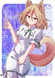 Rule 34 | 1girl, animal ear fluff, animal ears, aospanking, blue background, border, brown eyes, brown hair, closed mouth, cowboy shot, finger touching, fox ears, fox shadow puppet, fox tail, hair between eyes, highres, holding, holding test tube, jumpsuit, kudamaki tsukasa, looking at viewer, medium hair, onesie, romper, smile, solo, standing, tail, test tube, touhou, white border, white jumpsuit