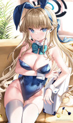 Rule 34 | 1girl, animal ears, bare arms, bare shoulders, blonde hair, blue archive, blue eyes, blue hairband, blue leotard, bow, bowtie, braid, breast hold, breasts, cleavage, closed mouth, covered navel, detached collar, earpiece, expressionless, fake animal ears, fujima takuya, hair bow, hairband, halo, highleg, highleg leotard, large breasts, leotard, long hair, looking at viewer, official alternate costume, playboy bunny, rabbit ears, sitting, skindentation, solo, strapless, strapless leotard, suitcase, thighhighs, thighs, toki (blue archive), toki (bunny) (blue archive), v, very long hair, white thighhighs, wrist cuffs