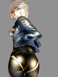 Rule 34 | 10s, 1girl, ass, bad id, bad pixiv id, bodysuit, dodai shouji, grey background, highres, jacket, looking at viewer, looking back, red eyes, short hair, silver hair, simple background, solo, thigh gap, uchuu senkan yamato, uchuu senkan yamato 2199, yamamoto akira