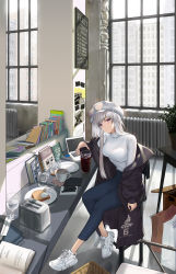 Rule 34 | 1girl, absurdres, azur lane, black coat, blue pants, blush, book, bread, bread slice, breasts, capri pants, casual, coat, computer, cup, drinking glass, enterprise (azur lane), food, full body, hat, head tilt, highres, hsh thx, indoors, laptop, large breasts, long hair, looking at viewer, office, pants, peaked cap, plant, plate, purple eyes, radiator, scenery, silver hair, sitting, smile, solo, sweater, toast, white hat, white sweater, window, wine glass