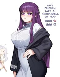 Rule 34 | 2girls, :t, black coat, blunt bangs, blush, blushyspicy, breasts, closed eyes, coat, dress, elf, english text, fern (sousou no frieren), frieren, highres, large breasts, like and retweet, long hair, long sleeves, meme, multiple girls, pointy ears, pout, purple eyes, purple hair, sousou no frieren, twintails, white background, white dress, white hair