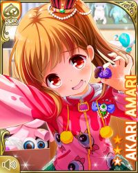 Rule 34 | 1girl, amari akari, brown hair, card (medium), character name, close-up, crown, dutch angle, eyeball, female focus, girlfriend (kari), green skirt, hair ornament, holding, hood, hoodie, indoors, looking at viewer, multicolored hair, nail polish, official art, open mouth, plaid, plaid skirt, qp:flapper, red eyes, red hair, red nails, school uniform, shirt, short hair, side ponytail, skirt, smile, solo, solo focus, standing, striped clothes, striped thighhighs, stuffed toy, thighhighs, white shirt, zettai ryouiki